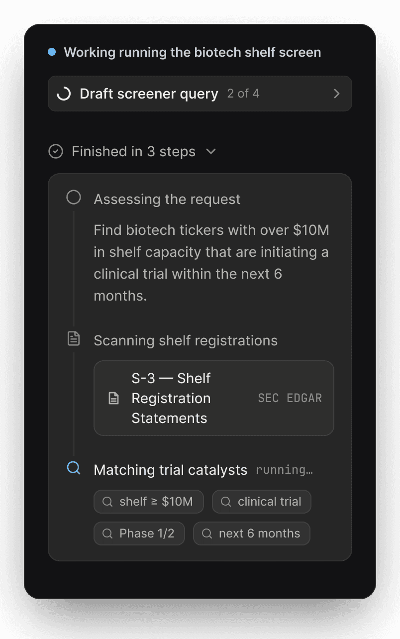 AskEdgar Copilot running a biotech shelf screen